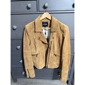 Escalier Women's Leather Motorcycle Open Front Lapel Jacket, Tan XL NEW